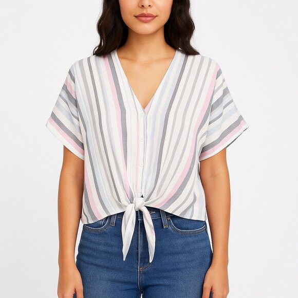 Style Envy Women's Striped Tie Up Short Sleeve Shirt Size S - Picture 1 of 4